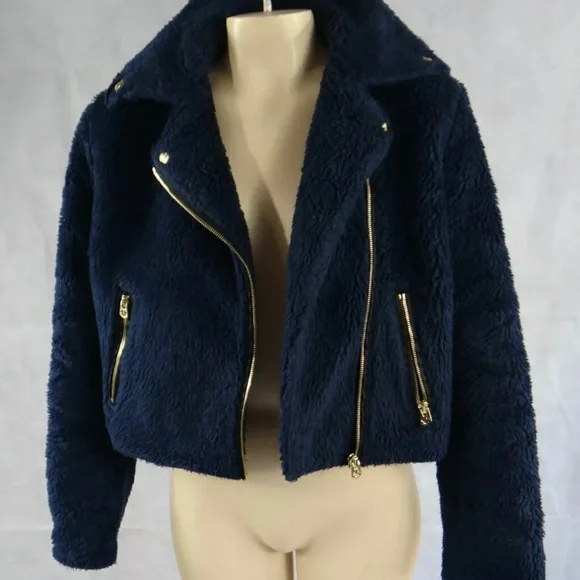 True Religion Faux Fur Moto Jacket S Dark Navy Blue Gold Women’s Sz XS NWOT - Picture 3 of 11